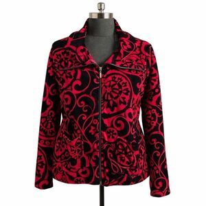 ONQUE Petite XL Red Black Velour Zip Jacket | Dark Floral Chic Cozy Luxe